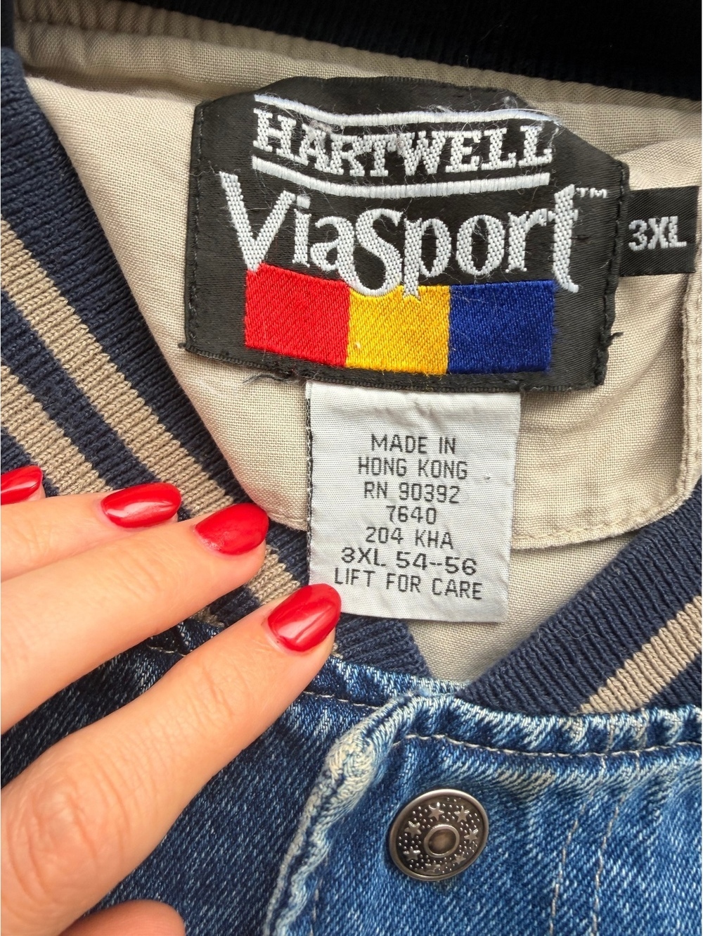 Vintage 80s/90s Hartwell Viasport Denim and Cotton Varsity Jacket 3XL - Picture 4 of 8